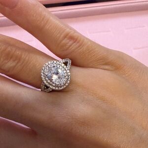 Sterling Silver Halo Engagement Ring with Clear Center Stone